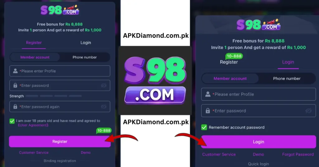 S98 GAME registration and Login
