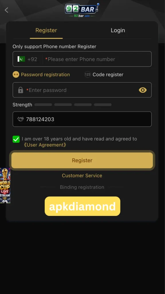 92BAR Game register and login